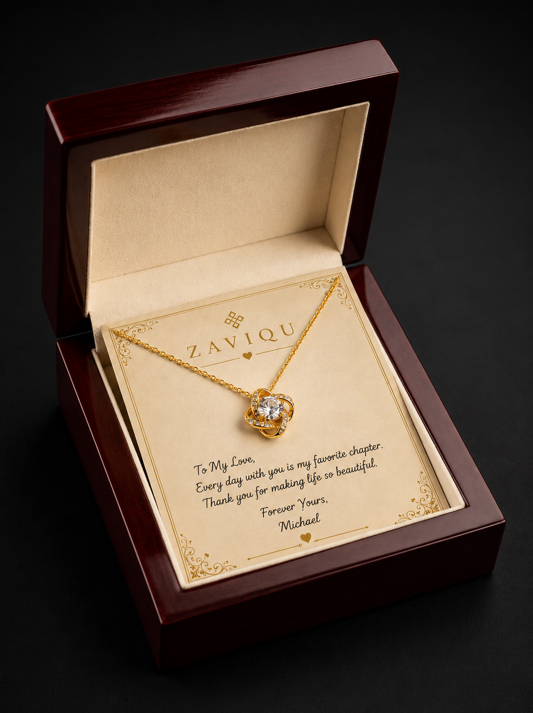 Open Zaviqu Signature Box with personalised message card and necklace inside