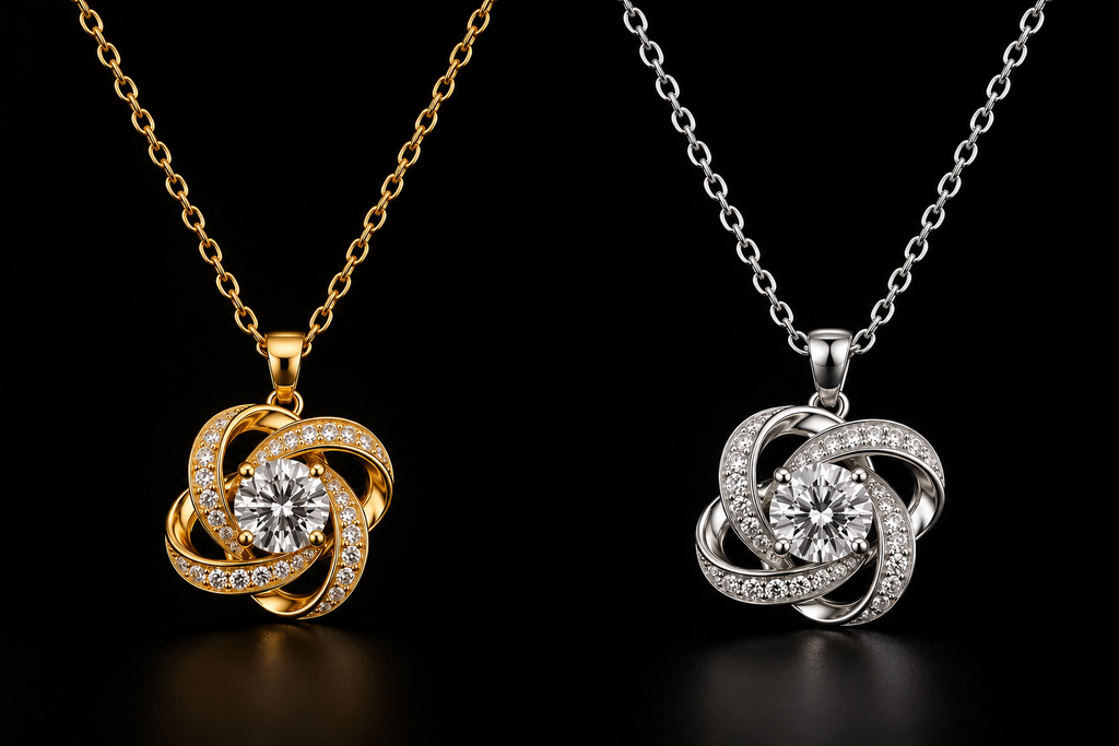 Zaviqu Love Knot Necklace in gold and silver, side by side