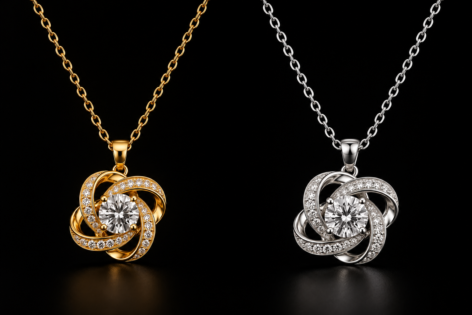 Zaviqu Love Knot Necklace in gold and silver, side by side